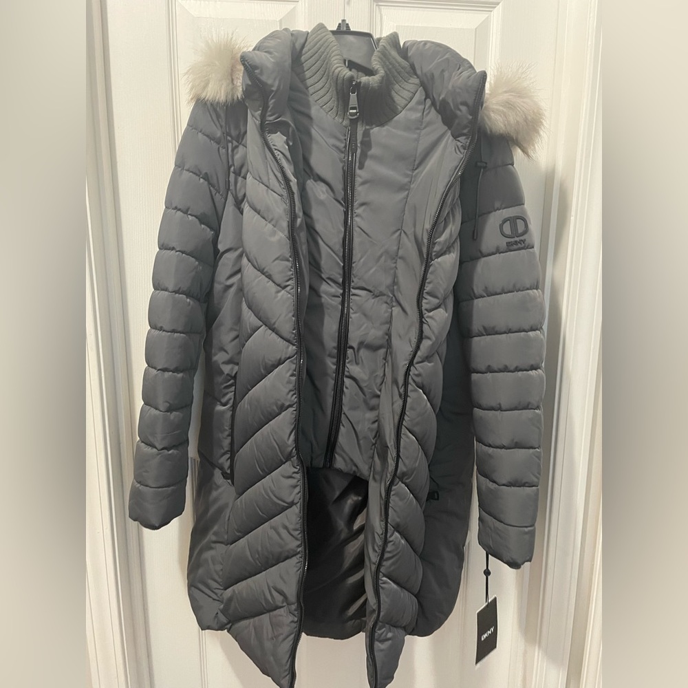 NWT XL Faux Fur Trim Chevron Quilted Parka